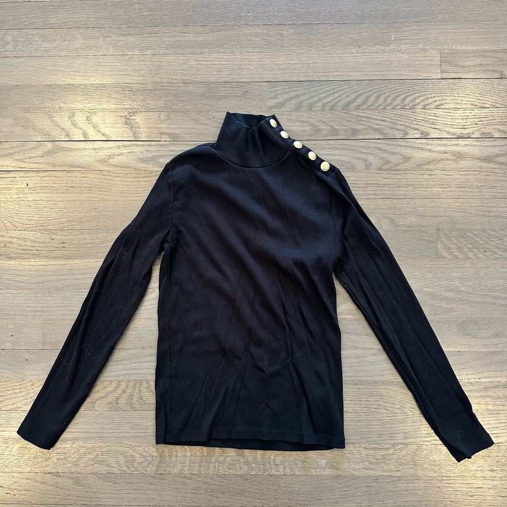 J. Crew Black Ribbed Mock Neck Top with Gold Shoulder Buttons like new